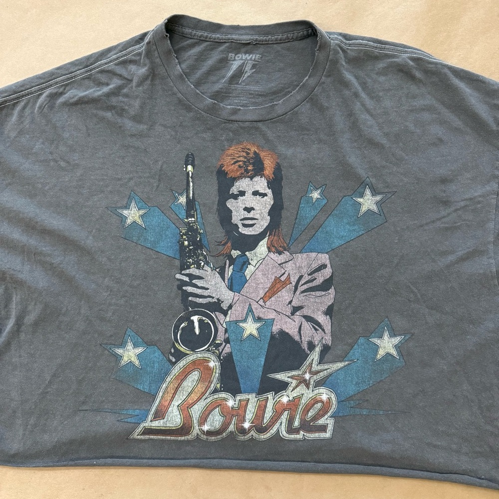 Gray Graphic Crop T-Shirt with David Bowie and Saxophone by Dirty Cotton